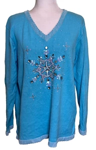 Quaker Factory Women's Snowflake Sweater Aqua Blue Sequins Size 1X - Picture 1 of 7