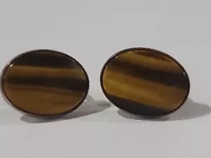 Signed 1/20 14k Gold Sterling Silver 925 Tigers Eye Stone Oval Clip on Earrings - Picture 1 of 24