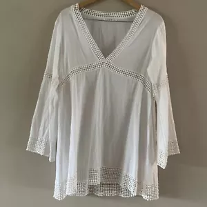 Vitamin A Organic Cotton White Long Sleeve Boho Tunic Top Swim Cover-Up Sz LARGE - Picture 1 of 8