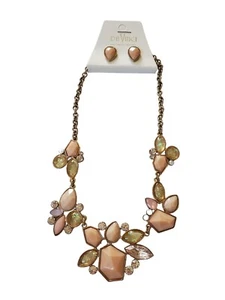 Peach Stone Clear Crystal Rhinestone Gold Plated Dressy Neckace & Earring Set - Picture 1 of 1