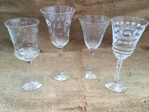 4 Mismatched Etched Wine Water Glasses - Picture 1 of 11