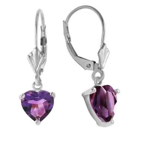 Pendientes de palanca para corazones de piedras preciosas de amatista genuina oro blanco 14K - Imagen 1 de 3