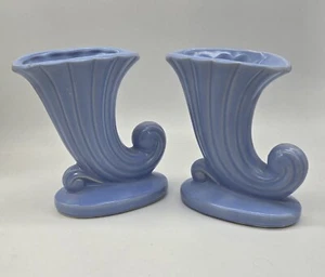 Vintage Shawnee USA Pottery Horn Of Plenty Cornucopia Set of 2 Light Blue - Picture 1 of 6