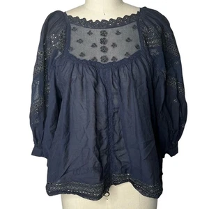 By Anthropologie Jaslyn Embroidered Navy Peasant Top Size Small - Picture 1 of 5