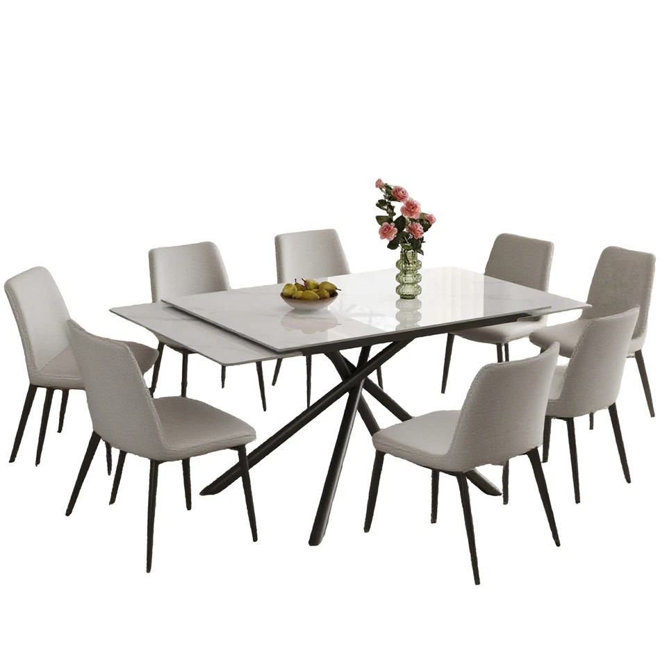 9 Pieces Dining Table Set 83in Kitchen Table Sintered Stone Table Top +8 Chairs - Image 1 of 4