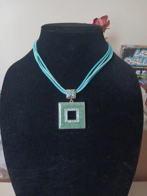 Lia Sophia 10" Choker Necklace Square Pendant Green Blue Crystals  - Image 1 of 4