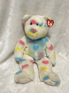 Peluche Ty Beanie Buddies Kissme Bear 14" bianco multicolore cuori 2002 con etichetta - Foto 1 di 12