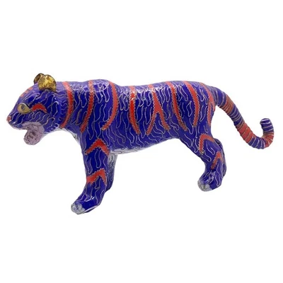 Vintage Chinese Cloisonne Enamel Leopard Beast Statue Sculpture Tiger 7” Blue - Image 1 of 4