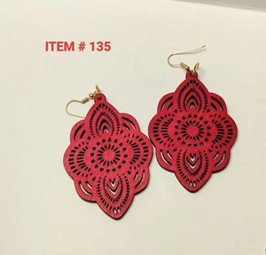 Set Of 3 Carved Wooden Earrings(Wine, Green And Blue) - Picture 1 of 3
