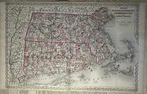 1870 Colton's Massachusetts Connecticut & Rhode Island Antique Map 28" x 17" - Picture 1 of 3