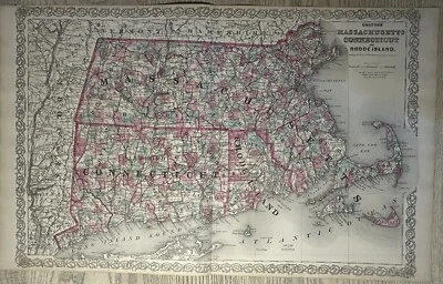 1870 Colton's Massachusetts Connecticut & Rhode Island Antique Map 28" x 17" - Image 1 of 3