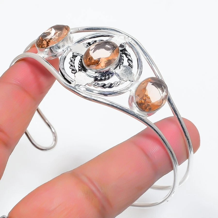 Brazalete ajustable de plata de ley 925 hecha a mano con piedras preciosas de morganita melocotón Foto 1 de 1