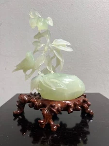 Stunning Chinese Hand Carved Green Jade Birds on a Branch on Wood Base - Picture 1 of 6