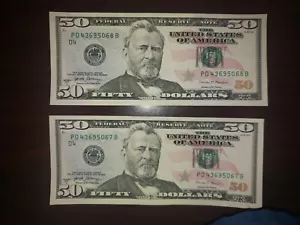 Two 2017A 50 Dollar Bills Uncirculated Consecutive Serials - Picture 1 of 5