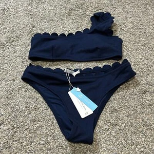 Cupshe One Shoulder Bikini Set Scalloped Blue XS NEW - Picture 1 of 3