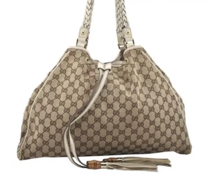 GUCCI Drawstring Bag GG Canvas, Bamboo Tote Leather/ Brown - Bild 1 von 24