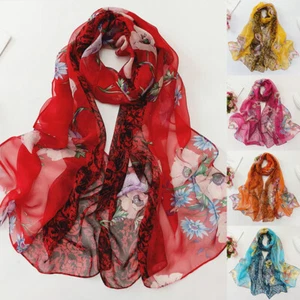 Women Silk Chiffon Flowers Printed Scarf Shawl Long Soft Wrap Scarves US - Picture 1 of 48