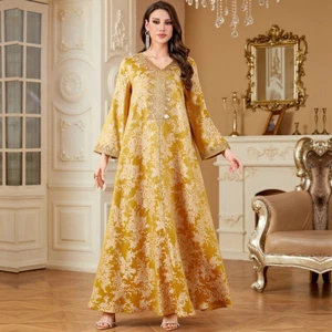 Abito lungo ricamo paillettes donna Dubai musulmano maxi vestaglia abaya caftano islamico - Foto 1 di 8