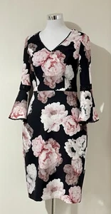 Review Size Dress Black Pink Floral Flute Flare Sleeves Party Evening Like New - Picture 1 of 6