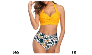 Tempt Me Women Vintage Swimsuits Yellow Retro Halter Ruched High Waist Bikini, S - Picture 1 of 6
