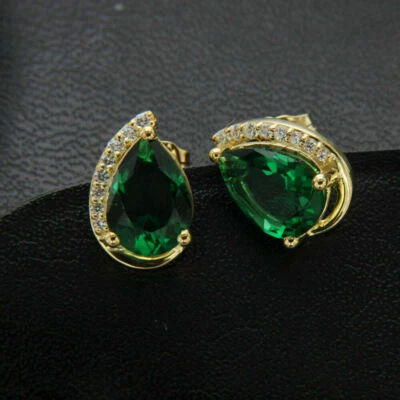 2Ct Pear Cut VVS1 Green Emerald & Diamond Stud  Earrings14K Yellow Gold Finish - Image 1 of 4