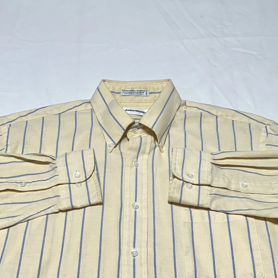 John Weitz LS 纽扣衬衫男式 17 34/35 黄色蓝色条纹口袋 — 第 1/4 张图片