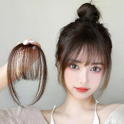 100% Clip in Bangs Real Human Hair Medium Brown Clip on Bangs Wispy Bang Fringe. - Bild 1 von 4