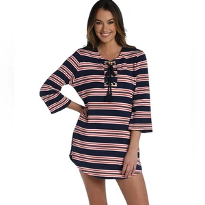 NUEVO SIN ETIQUETAS Túnica La Blanca Marinero Rayas Cuello Atado Cubrir en Índigo - Talla Med - Imagen 1 de 8