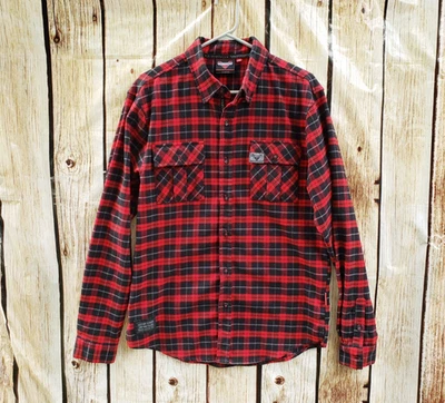 🔥 Victory Motorcycles Button Down Red Black Plaid Shirt Men's Medium M - Image 1 of 4