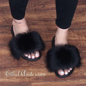 Womens Flip Flops Soft Faux Fur Slip on Sandals Slide Slippers Flat Colors N7 - Picture 1 of 23