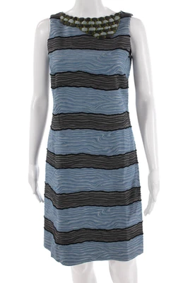 Piazza Sempione Women Shift Black Striped Midi Dress Round Neck Zip Size 42 - Image 1 of 4