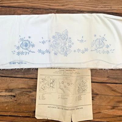 Vintage Stamped White Embroidery Pillowcases Colonial Associates Floral Cotton - Image 1 of 4