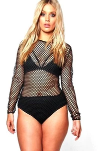 WOMEN FISH NET BODYSUIT LEOTARD LONG SLEEVE MESH SEXY GOTHIC TOP PLUS SIZE 8-22 - Picture 1 of 2