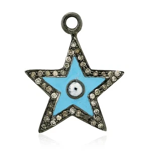 925 Sterling Silver Diamond Star Evil Eye Charm Blue Enamel Jewelry Findings - Picture 1 of 7