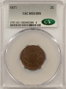 1871 TWO CENT PIECE - CACG MS-63 BN, CHOICE & PREMIUM QUALITY! CAC APPROVED! - Picture 1 of 3