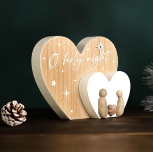 Christmas Wooden Nativity Scene Pebble Family Heart Plaque Home Decoration - Picture 1 of 24