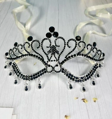 Masquerade Black Crystal Mask, Mardi Gras Silver Mask, Black Teardrop Party Mask - Image 1 of 3