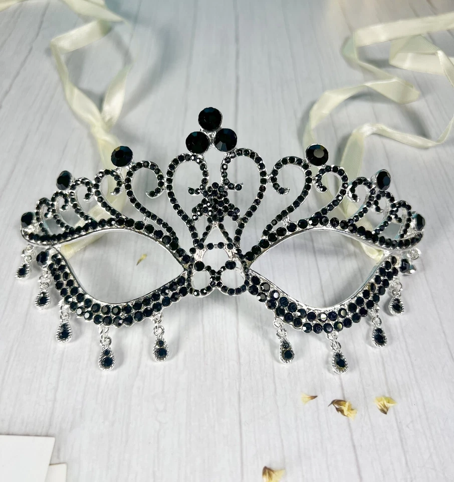 Masquerade Black Crystal Mask, Mardi Gras Silver Mask, Black Teardrop Party Mask - Image 1 of 3