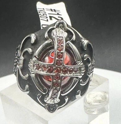 Anel cruzado masculino sinete motociclista mindinho granada gótica vermelho aço inoxidável prata 2507 - Imagem 1 de 4