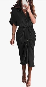 BTFBM Women Button Down Ruched Shirt Black Dress Short Sleeve Lapel V Neck M New - Picture 1 of 8