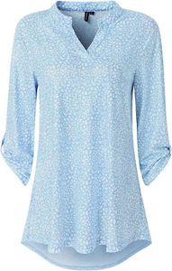 Womens Floral Printed Tunic Shirts 3/4 Roll Sleeve Notch Neck Tunic Top - Picture 1 of 5