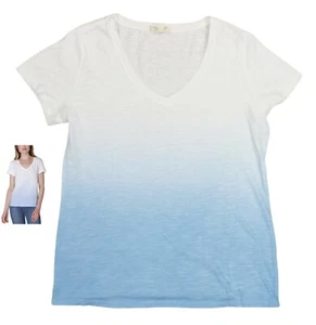Ultra Flirt Dip Dyed V-Neck Short Sleeve Juniors T-Shirt Top L NWT Blue/White - Picture 1 of 1