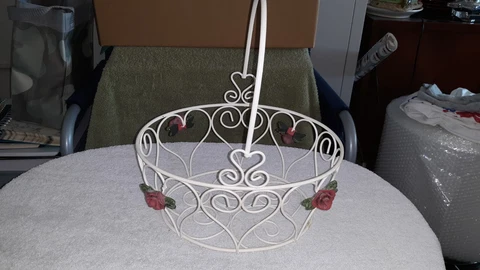 11 1/2  Tall White Wire Basket with Hearts & Roses Cover