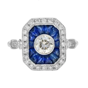 18K White Gold White Diamond Sapphire Art Deco Style Engagement Ring - Picture 1 of 10