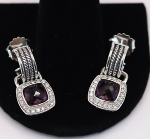 Authentic David Yurman Amethyst Drop Earrings with Diamonds Sterling Silver
