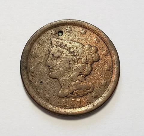 1851 1/2c Braided Hair Half Cent - Partially Holed - SKU-Y5427 Cover