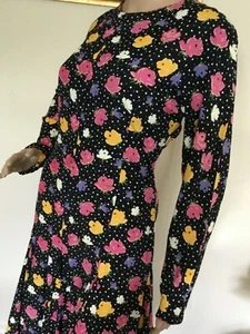 80's Vintage Black Pink/Yellow Floral Long Sleeve  Drop Waist Dress - Picture 1 of 8
