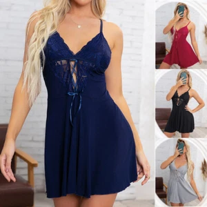 Sexy Women Lingerie V Neck Sleepwear Full Slips Nightgown Lace Chemise Babydoll - Picture 1 of 14