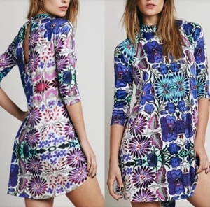 Vestido Free People Fiesta Floral Boho Columpio Dobladillo Alto Bajo Azul y Púrpura Talla M - Imagen 1 de 5