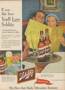 1953 Schlitz Beer Couple Restaurant Menu Happy Smiles Waiter Vintage Print Ad - Picture 1 of 1